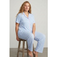 Siyah İnci Desenli Pamuklu Düğmeli Curve Büyük Beden Battal Pijama Takım
