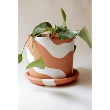 Hype Store Terracotta Silindir Saksı+Tabak • Bohem Beyaz (Küçük)