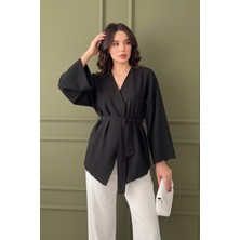 Pastelastore Koyu Siyah Kadın Kuşaklı Kimono 1177