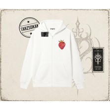 Tarzsokak Kadın Çilek Disco Oversize Unisex Hırka & Çeket Fermuarlı Sweatshirt Beyaz