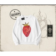 Tarzsokak Kadın Çilek Disco Oversize Unisex Bisiklet Yaka Sweatshirt Beyaz