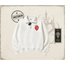 Tarzsokak Kadın Çilek Disco Unisex Polo Yaka Yarım Fermuarlı Sweatshirt Beyaz