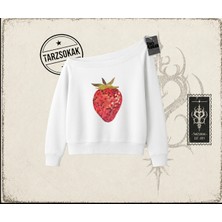 Tarzsokak Kadın Çilek Disco Kadın Kayık Yaka Sweatshirt Beyaz