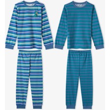 Penti Erkek Çocuk Mavi Çizgili Lovers Pamuklu Uzun Kollu 2'li Pijama Takımı