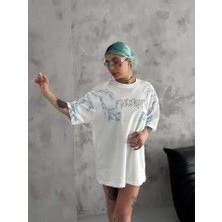 Mrayss  Unisex Bisiklet Yaka Baskılı Oversize T-Shirt - Beyaz