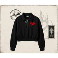 Tarzsokak Kadın Hawaii Kadın Crop Polo Yaka Yarım Fermuarlı Sweatshirt Beyaz