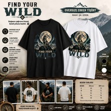 Tişört Kodu Find Your Wild Oversize Erkek Tişört – Kurt ve Dolunay Baskılı Oversize Pamuk Tişört