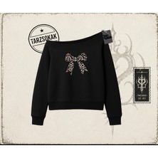 Tarzsokak Kadın Leopar Kurdele Kadın Kayık Yaka Sweatshirt Beyaz