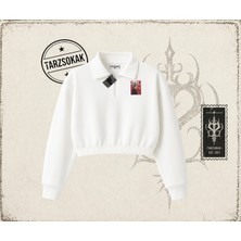 Tarzsokak Kadın Kate Moss Icecream Kadın Crop Polo Yaka Yarım Fermuarlı Sweatshirt Beyaz
