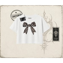 Tarzsokak Kadın Leopar Kurdele Kadın Crop Tişört Beyaz