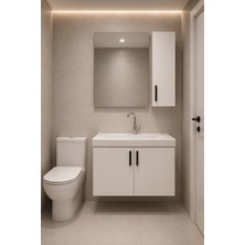 Demezler Mobilya Modern Lale 80 cm Beyaz Mdf Hilton Aynalı Seramik Lavabolu Banyo Dolabı Takımı Alt ve Üst Dolaplı