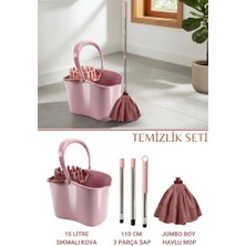 Flora Sıkma Başlıklı Temizlik Kovası Seti, 15 Lt Kova + Mega Mikrofiber Havlu Mop + 3 Parçalı Sap Pembe