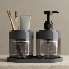 LE Paris 2’li Cam Sıvı Sabunluk ve Diş Fırçalık | Standlı Cam Banyo Organizer Seti 2’li | 425 ml x 2