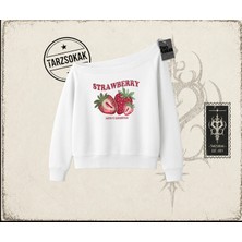 Tarzsokak Kadın Strawberry Active Lifestyle Kadın Kayık Yaka Sweatshirt Beyaz