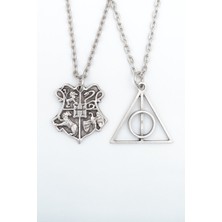 Alooya 2'li Harry Potter Ölüm Yadigarları Üçgen - Hogwarts Gümüş Kaplama Kolye Seti
