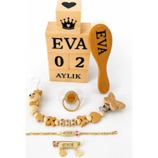 Shopfocus Kişiye Özel Isimli-Emzik-Emzik Askısı Emzik Zinciri-Bebek Fırçası Keçi Kılı-Bebek Anı Küpü-Bebek Yaka Iğnesi Zilkonyum-Bebek Künye Bileklik Zilkonyum-Full Ahşap Set Doğal Organik-Hedielik-Yeni Doğan