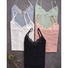 Demirsa Boutique Kadın 5'li Paket Dantelli Pamuklu Ip Askılı Atlet Mavi, Yeşil, Pudra, Siyah, Beyaz