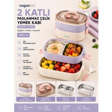 Vagonlife BL50251-2 Mor 1200 ml 2 Katlı 3 Bölmeli Paslanmaz Çelik Yemek Kabı (Lunch Box)