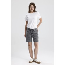 #bermudaşort %100 Pamuk Açık Gri Denim Boyfriend Fit Formu LOU31 Rahat Kadın Bermuda Şort