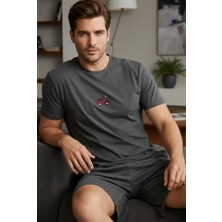 Siyah İnci Kısa Kollu Örme Nakışlı Erkek Şort-Pijama Takım 7820