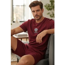 Siyah İnci Kısa Kollu Örme Nakışlı Erkek Şort-Pijama Takım 7820