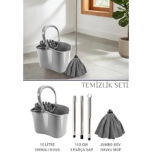 Flora Sıkma Başlıklı Temizlik Kovası Seti, 15 Lt Kova + Mega Mikrofiber Havlu Mop + 3 Parçalı Sap Gri