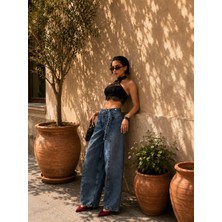 Adam & Eve Fashion Adam&eve Baggy Uzun Kemerli Kadın Mavi Yüksek Bel Bol Paça Wide Leg Jean Pantolon