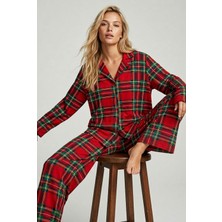 Siyah İnci Yılbaşı Desenli Pamuklu Örme Düğmeli Pijama Takımı