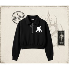 Tarzsokak Unisex Black Cat Pixel Kadın Crop Polo Yaka Yarım Fermuarlı Sweatshirt Beyaz