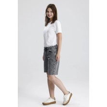 #bermudaşort %100 Pamuk Açık Gri Denim Boyfriend Fit Formu MAGGIE65 Rahat Kadın Bermuda Şort