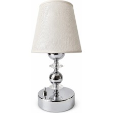 Fey Abajur Abajur El Yapımı Pilli LED Abajur 29 cm Krom Kaplama Metal Gövdeli Krem Kumaş Şapkalı Dekoratif Masa Lambası (Led ve 9V Pil Dahil)