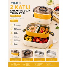 Vagonlife BL50251-2 Sarı 1200 ml 2 Katlı 3 Bölmeli Paslanmaz Çelik Yemek Kabı (Lunch Box)
