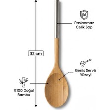 Bienca Bambu Yemek Kaşığı 32 cm – Paslanmaz Çelik Saplı Servis Karıştırma Kaşığı | Ahşap Tahta Kaşık