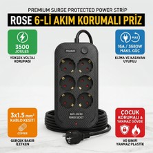 Rose 3500Joule 16A Akım Korumalı Priz Topraklamalı 6'lı 2metre + Ev Ofis Karavan SCHUKO Priz