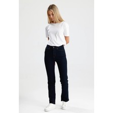 Yeni Sezon NATALY36 Yüksek Bel Düz Kesim Az Yıkanmış Renkte Indigo Denim Kadın Jean Pantolon