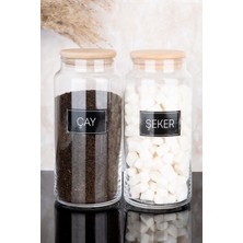 Dolkin Home 2'li Ahşap Vakum Kapaklı Çay ve Şeker Siyah Etiketli Cam Kavanoz Seti Saklama Kabı 1300 ml