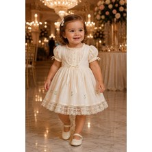Mummys Love Kız Çocuk Dantel Detaylı Elbise&bluz Takım ve Nakışlı Saç Bandı - %100 Pamuk - Bej