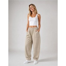 Meride Fashion Bej Balon Kesim Lastikli Rahat Pantolon 44
