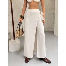 Meride Fashion Etek Görünümlü Bağlamalı Yüksek Bel Bol Paça Pantolon L - Bej