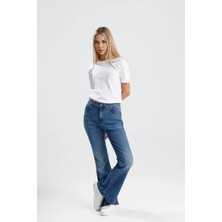 Özel Üretim Eskitilmiş Indigo Denim Zarif Rahat SHOPHIE33 Ispanyol Paça Kadın Jean Pantolon