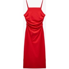 Koton Slim Fit Kare Yaka Ip Askılı Drapeli Midi Elbise