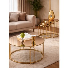 Sedaş Living Units 4 Lü Bronz Ayna Gold Metal Ayaklı Ayna Lenka Model Sehpa Takımı (Zigon ve Orta)