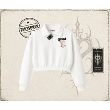 Tarzsokak Unisex Good Kadın Crop Polo Yaka Yarım Fermuarlı Sweatshirt Beyaz