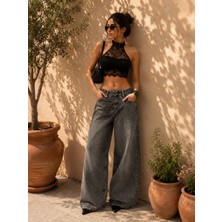 Adam & Eve Fashion Adam&eve Super Wild Leg Kadın Siyah ve Gri Yüksek Bel Yıkamalı Bol Paça Jean Pantolon