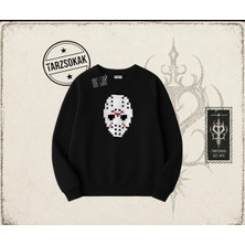 Tarzsokak Unisex Jason Voorhees Mask Oversize Unisex Bisiklet Yaka Sweatshirt Beyaz