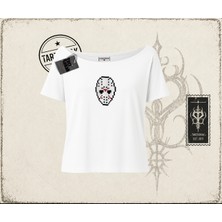 Tarzsokak Unisex Jason Voorhees Mask Kadın Kayık Yaka Tişört Beyaz