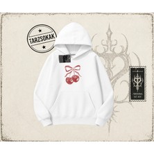 Tarzsokak Unisex Kiraz Kurdele Tram Oversize Unisex Kapşonlu Sweatshirt Beyaz