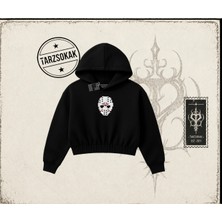 Tarzsokak Unisex Jason Voorhees Mask Kadın Crop Kapşonlu Sweatshirt Beyaz
