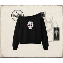 Tarzsokak Unisex Jason Voorhees Mask Kadın Kayık Yaka Sweatshirt Beyaz