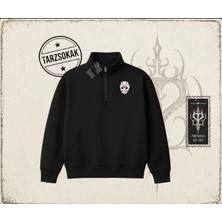 Tarzsokak Unisex Jason Voorhees Mask Unisex Polo Yaka Yarım Fermuarlı Sweatshirt Beyaz